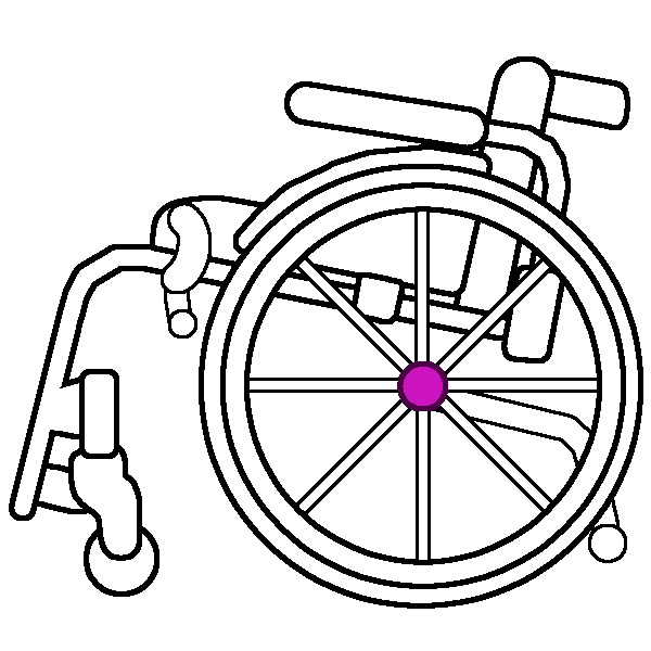 A black and white rigid wheelchair in profile with a bright pink axle.